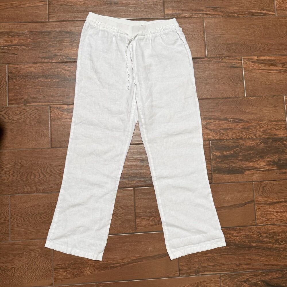 Ellen Tracy Company S Wide Leg Pants 100% Linen White Light Beachy ECMS73017